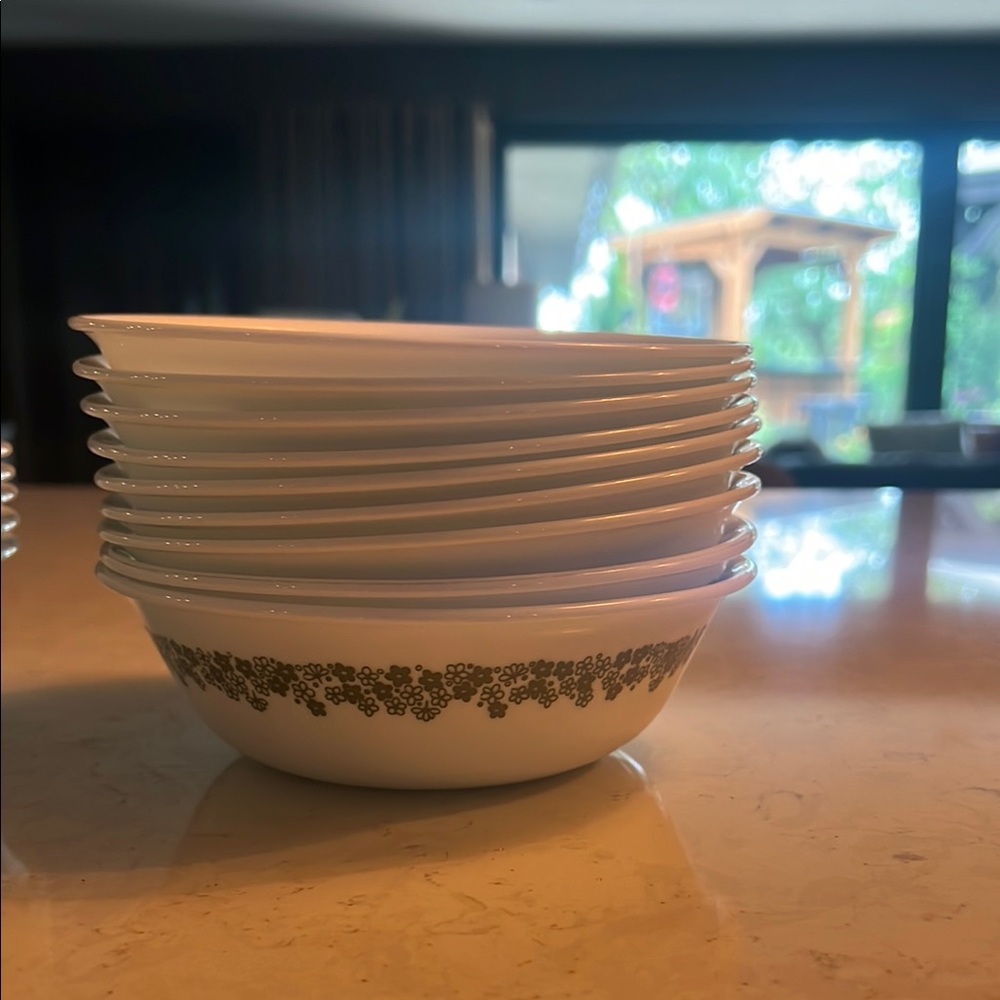 Set of Corelle White Bowls with Green Floral Design-set of 14